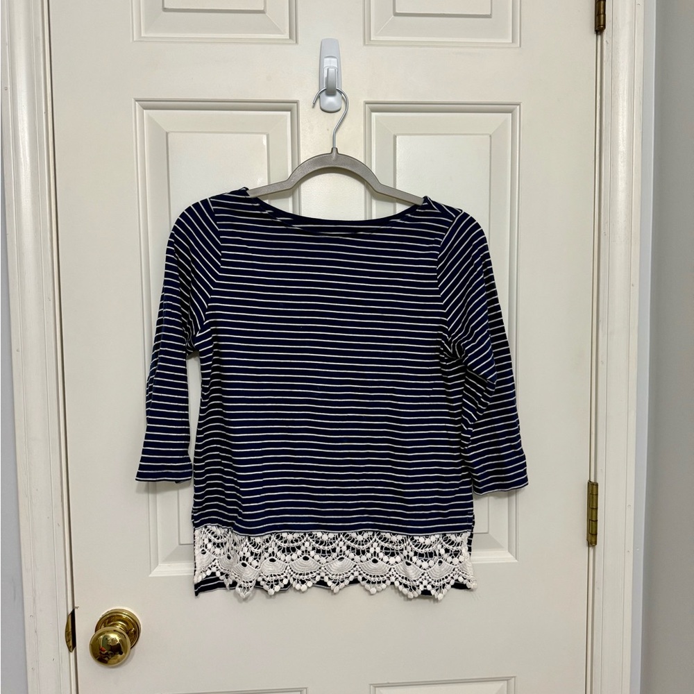 St. John's Bay Navy and White Striped Blouse with Lace Trim